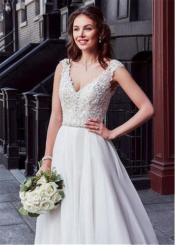 Charming Tulle V-neck A-line Wedding Dress With Beaded Lace Appliquess