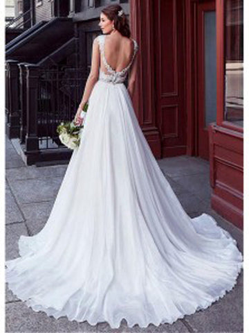Charming Tulle V-neck A-line Wedding Dress With Beaded Lace Appliquess
