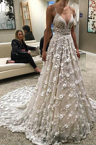 Spaghetti Straps Court Train Backless Wedding Dress With Beading