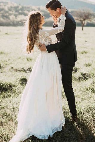 Chiffon A-Line Bateau Long Sleeves Wedding Dress with Appliques