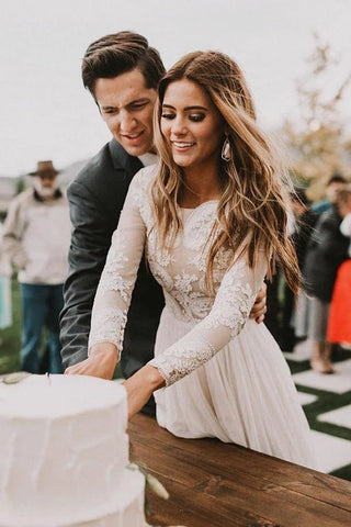 Chiffon A-Line Bateau Long Sleeves Wedding Dress with Appliques