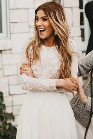 Chiffon A-Line Bateau Long Sleeves Wedding Dress with Appliques