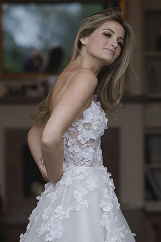 Sweetheart Neck Tulle A-line Wedding Dresses Appliqued Wedding Gowns