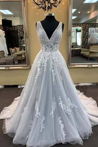 A-line V-neck Pure White Appliqued Wedding Gown Sweep Train Wedding Dress