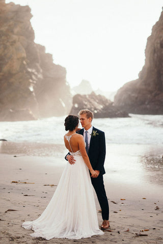 Spaghetti Strap Beaded Wedding Dress Ivory Chiffon Rustic Wedding Dress