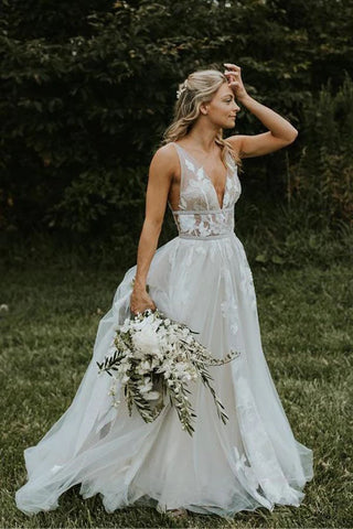 See Through Tulle V-neck Lace Ivory V-back Beach Wedding Dresses