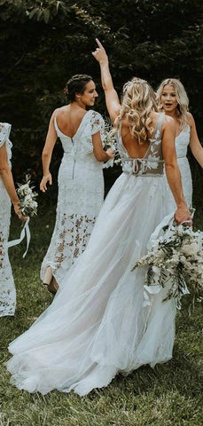 See Through Tulle V-neck Lace Ivory V-back Beach Wedding Dresses