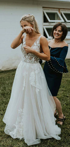 See Through Tulle V-neck Lace Ivory V-back Beach Wedding Dresses