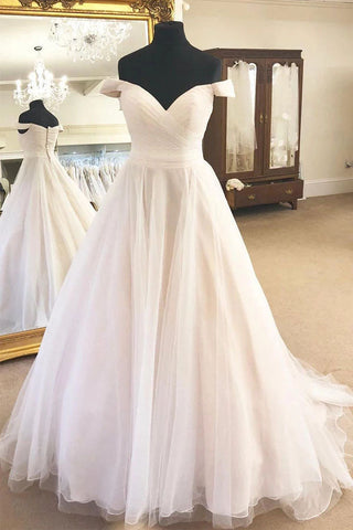 Schulterfreies, ärmelloses A-Linien-Brautkleid aus Tüll in Elfenbein mit Falten