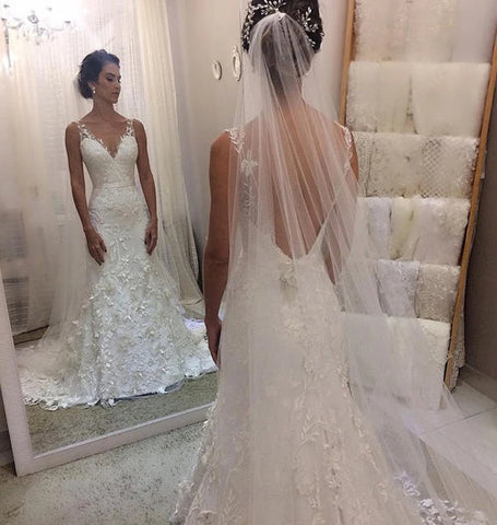 Cheap V-neck Backless Lace Mermaid Wedding Dresses,Cheap Bridal Dresses