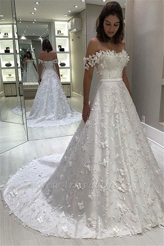 Cheap Off Shoulder A-line Long Wedding Dresses Lace Bridal Dresses