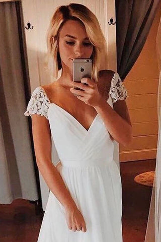 Simple A-line Chiffon Wedding Dresses Cap Sleeve V-neck Bohemian Beach Bridal Gowns