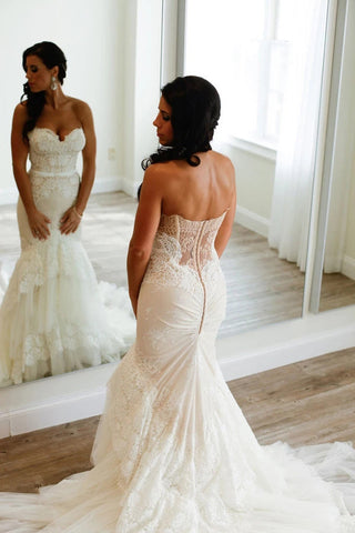 Sweetheart Mermaid Tiered Lace Wedding Dress Ruched with Sweep Train