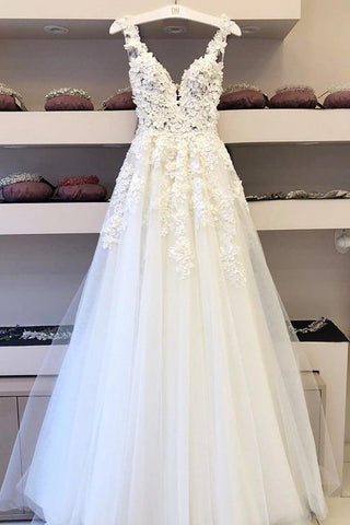 Cheap V-neck Long Wedding Dresses A-line Bridal Gowns with Appliques