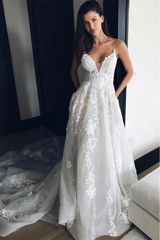 Spaghetti Straps Beach Wedding Dress, Boho Bridal Gown with Appliques Lace