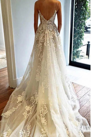 Spaghetti Straps Beach Wedding Dress, Boho Bridal Gown with Appliques Lace