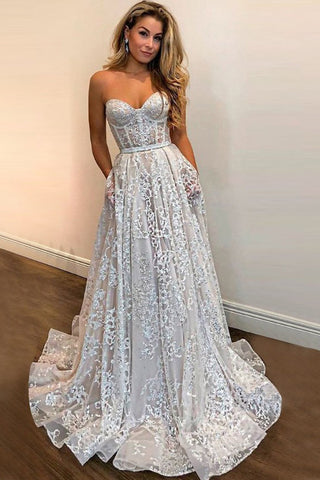 A-line Sweetheart Strapless Sweep Train Lace Pockets Wedding Dress with Sequins