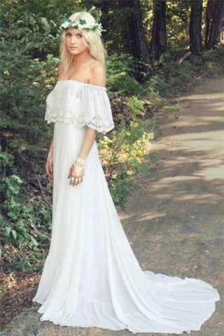A-line Off the Shoulder Bohemian Lace Chiffon Ivory Summer Beach Wedding Dresses