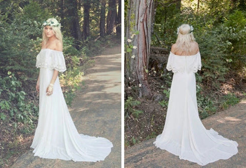 A-line Off the Shoulder Bohemian Lace Chiffon Ivory Summer Beach Wedding Dresses