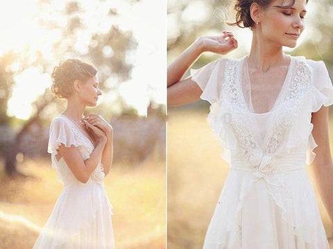 Elegant A-Line Ivory Flower Cap Sleeve V-Neck Chiffon Open Back Wedding Dresses