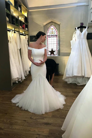 Off Shoulder Satin Mermaid Bridal Dress With Tulle Train Ivory Wedding Dresses