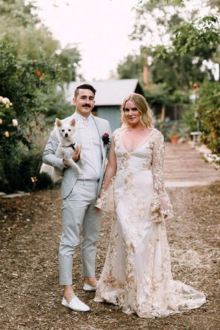 Mermaid Wedding Dress with Chapel Train and Sleeves Embroidery Wedding Gown