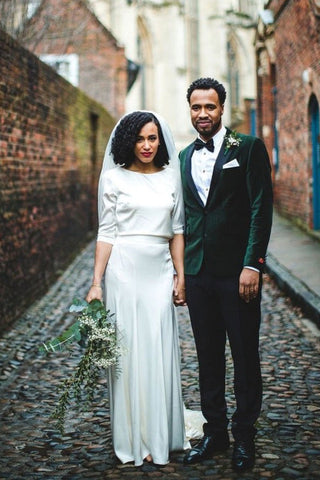 Simple Long Sleeves Style Wedding Gown Ivory Satin Sheath Wedding Dress
