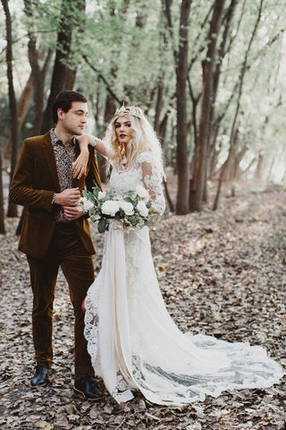 Mermaid Gown with Unlined Sleeves Wedding Dress Front Slit Ivory Lace Bridal dress