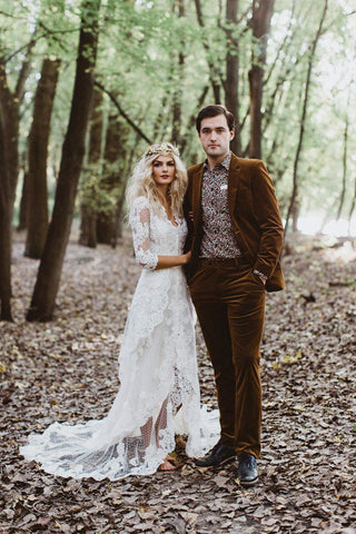 Mermaid Gown with Unlined Sleeves Wedding Dress Front Slit Ivory Lace Bridal dress
