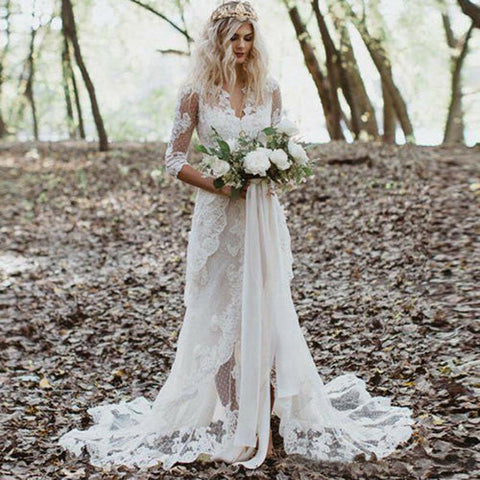 Mermaid Gown with Unlined Sleeves Wedding Dress Front Slit Ivory Lace Bridal dress