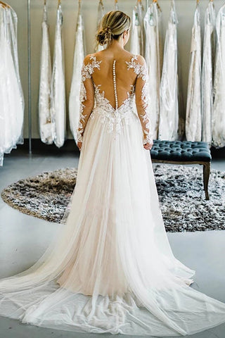 Off the Shoulder Long Sleeves Sweep Train Long Wedding Dress Bridal Gown