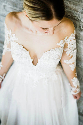 Off the Shoulder Long Sleeves Sweep Train Long Wedding Dress Bridal Gown