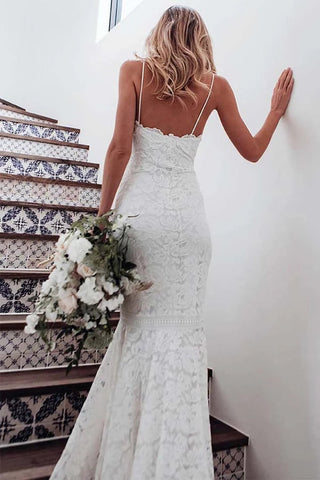 Spaghetti Straps Mermaid All Over Lace Sleeveless White Wedding Dress