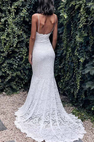 Spaghetti Straps Mermaid All Over Lace Sleeveless White Wedding Dress
