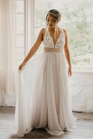 Elegant Tulle Criss Cross Deep V-Neck Wedding Dress with Waistband