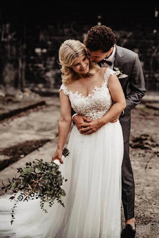 Cheap A-Line Wedding Gown with Illusion Neck With Back Lace Appliqued