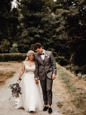 Cheap A-Line Wedding Gown with Illusion Neck With Back Lace Appliqued