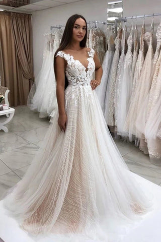 Lace Sparkly Sequins Tulle A-Line Wedding Dress with Floral Appliques Wedding Gown