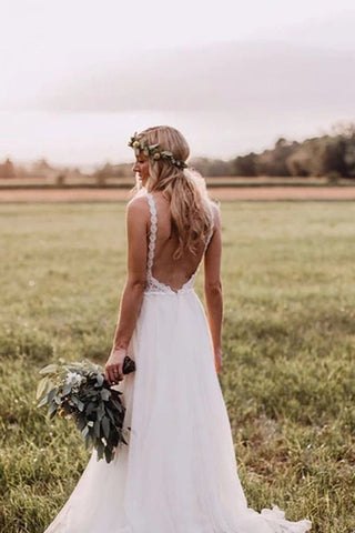 Lace Bodice Tulle Skirt Bridal Gown with a Low V Back Minimalist Wedding Dresses