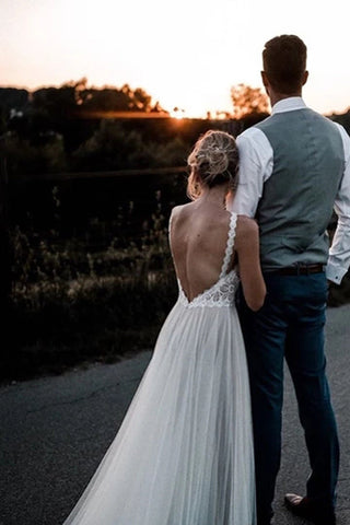 Lace Bodice Tulle Skirt Bridal Gown with a Low V Back Minimalist Wedding Dresses