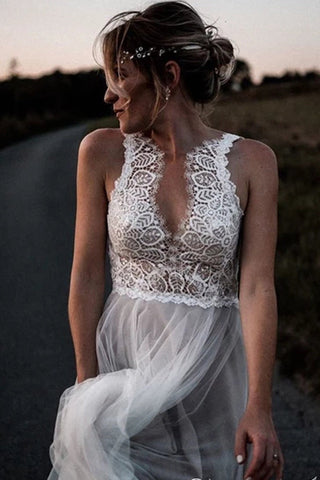 Lace Bodice Tulle Skirt Bridal Gown with a Low V Back Minimalist Wedding Dresses