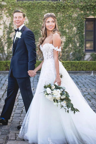 Lace Appliques Off The Shoulder Modest Tulle Princess Wedding Dress