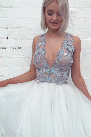Layered Plunging Neck V-Back Long Wedding Dress with Colored Appliques