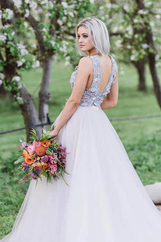 Layered Plunging Neck V-Back Long Wedding Dress with Colored Appliques