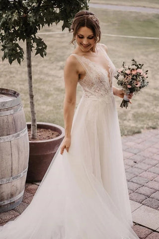 Graceful Ivory Beaded Deep V Illusion A-Line Wedding Gown Lace Wedding Dress