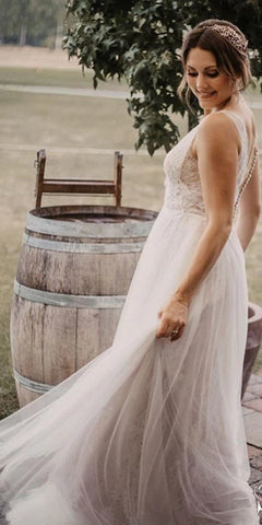Graceful Ivory Beaded Deep V Illusion A-Line Wedding Gown Lace Wedding Dress
