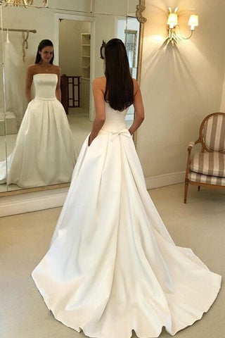 Straps Simple Ivory Satin A-line Pleated Wedding Dresses with Court Train Bridal Dresses