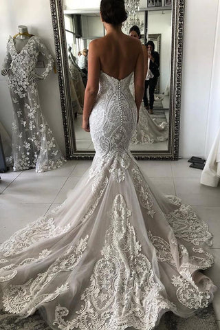 Gorgeous Wedding Dress with Drop Waist and Cascades Lace Mermaid with Court Train Bridal Dress