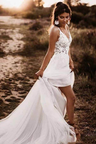 Gorgeous Lace Bodice V-neck Bridal Dresses White Backless A-line Wedding Dresses