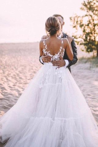 Layered Tulle Unlined Lace Wedding Ball Gown with Deep V-neck Wedding Dresses